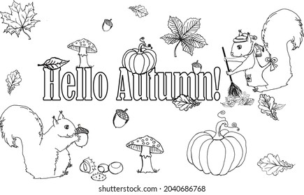 Black and white graphic elements related to winter and autumn. The inscription Hello Autumn and a squirrel sweeping leaves.