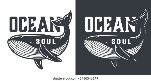 Black and white graphic emblem with stylized whale intertwined with the text ocean soul, evoking a marine logo, nautical aesthetic for sea design projects.