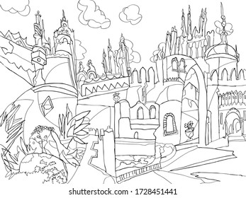 Black and white graphic fantasies on Spanish architecture. Vector illustration.