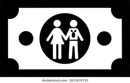 A black and white graphic features a bill design with a central circle containing a couple icon, symbolizing family or relationships within finance and economy.