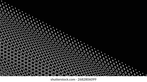 Un gráfico en blanco y negro presenta un patrón de onda diagonal de óvalos blancos contra un fondo negro sólido. Los óvalos varían en tamaño.