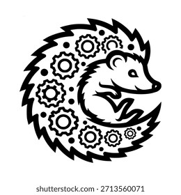 Un gráfico en blanco y negro presenta un erizo con engranajes que forman sus espinas, un diseño único.