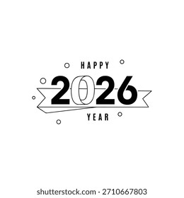 Schwarz-Weiß-Grafik zeigt den Text Happy 2026 Jahr mit einem Band und verstreuten Kreisen.