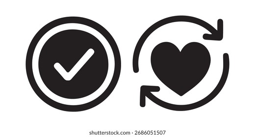 A black and white graphic featuring a checkmark in a circle and a heart with a circular arrow indicating refresh or repeat.