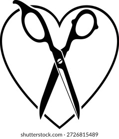 Black and white graphic featuring crossed hairdressing scissors inside a simple outline of a heart, representing love for cutting hair