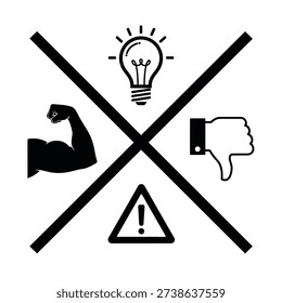 A black and white graphic featuring a flexed arm, light bulb, thumbs down, and warning sign all crossed out with large X's, isolated on white background