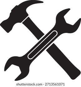 A black and white graphic featuring a hammer and wrench crossed, symbolizing construction, repair, and tools.