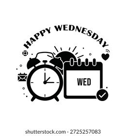 A black and white graphic featuring a silhouette of a happy Wednesday day with an alarm clock and calendar