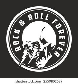 A black and white graphic featuring a skull surrounded by lightning bolts and the phrase rock and roll forever. The design conveys a bold edgy style typically associated with rock music.