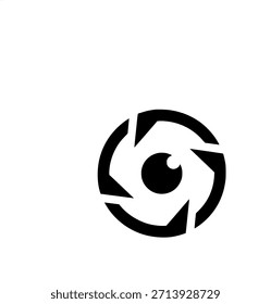 Un gráfico en blanco y negro con un ícono de ojo estilizado rodeado de Elementos que se asemejan a la apertura de la lente de la cámara o las hojas del obturador, sobre un fondo blanco limpio 