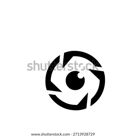 A black and white graphic featuring a stylized eye icon encircled by elements resembling a camera lens aperture or shutter blades, set against a clean white background 