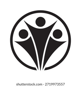 Um gráfico preto e branco com três figuras humanas estilizadas em pé em uma formação triangular, simbolizando unidade, cooperação e união. As figuras estão dentro de uma borda circular.