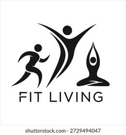 Un gráfico en blanco y negro con tres figuras humanas estilizadas que representan diferentes aspectos de la aptitud y el bienestar, con el texto FIT LIVING a continuación.