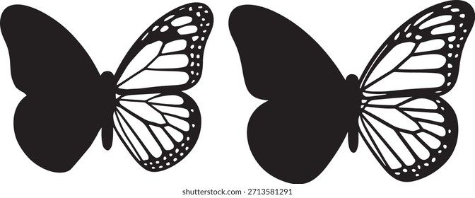 Gráfico en blanco y negro con dos mariposas monarca. Uno es una silueta sólida, mientras que el otro muestra intrincados detalles de las venas de las alas.