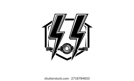 Um gráfico preto e branco com dois raios em negrito dentro de um escudo hexagonal, centrado em torno de uma engrenagem circular.