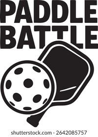 A black and white graphic featuring the words "Paddle Battle" above a pickleball paddle and ball.