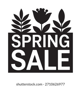 A black and white graphic featuring the words SPRING SALE with stylized floral and leaf elements above.