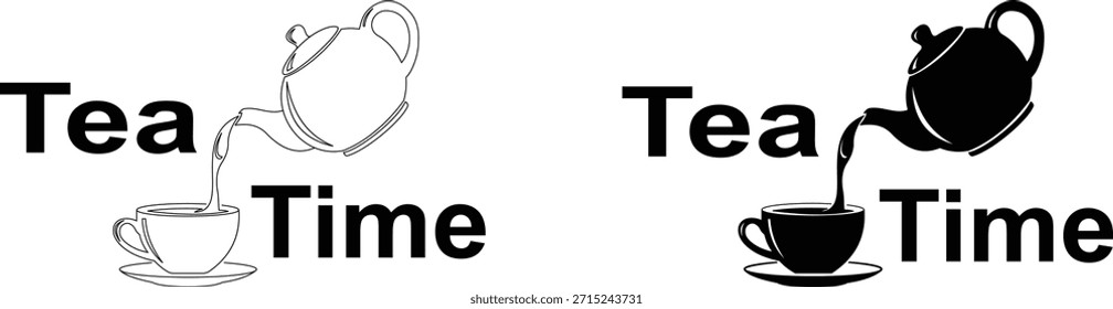 Um gráfico preto e branco com as palavras "Tea Time" ao lado de duas representações de um bule de chá derramando líquido em uma xícara de chá: um como um contorno pontilhado e o outro como uma silhueta sólida.