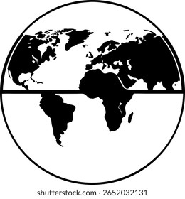 Um gráfico em preto-e-branco com um mapa de mundo dentro de um círculo, dividido por uma linha horizontal. Os continentes possuem silhuetas, criando um design simples e limpo.