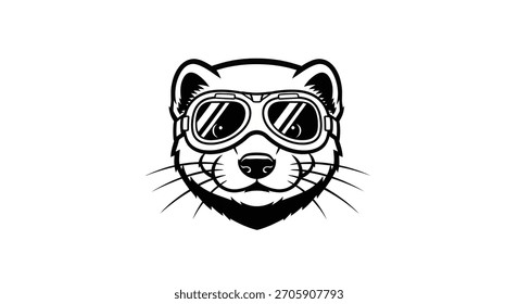 Un gráfico en blanco y negro de la cabeza de un hurón con Grandes gafas de aviador, mostrando un ambiente fresco y aventurero.