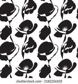 black and white graphic flower pattern. Black flowers on a white background. Seamless pattern. Black and white graphics. Textile print, fabric sample, wrapping paper.