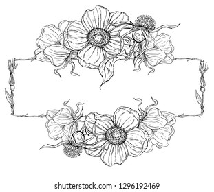 black and white graphic frame with wild rose flowers
