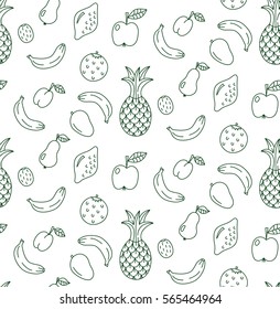 Black and white graphic fruits doodles seamless vector pattern