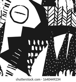 black and white graphic geometric seamless pattern, abstract vector collage