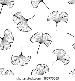 Black and white graphic ginkgo leaves seamless pattern. Palm tree background. Textile, fabric, texture, poster. Vector illustration