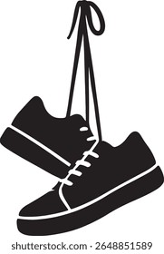 Black and white graphic of hanging sneakers indicating casual wear recreation and design elements