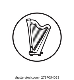 A black and white graphic of a harp within a circular border. It is a simple line drawing.