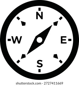 Un icono gráfico en blanco y negro de una brújula con una aguja apuntando hacia el noreste. Las direcciones cardinales Norte, Sur, Este y Oeste están claramente marcadas.
