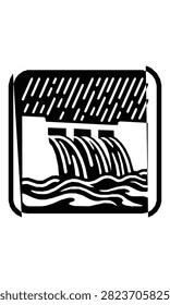 A black and white graphic icon depicting a hydroelectric dam with water flowing through gates into a river.