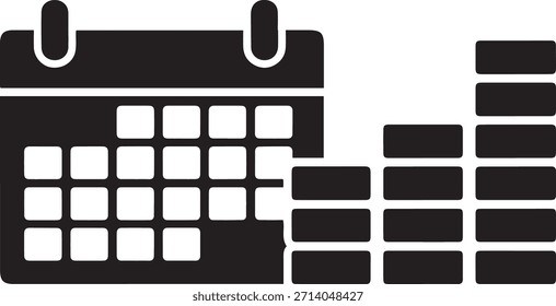 Un icono gráfico en blanco y negro con una cuadrícula de calendario y un gráfico de barras apiladas con bordes redondeados.