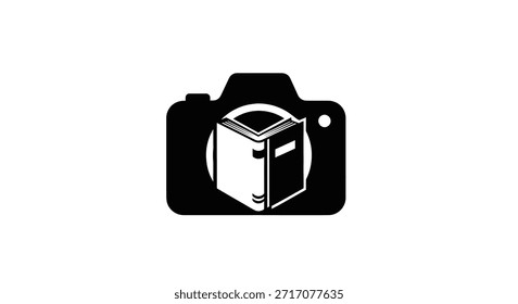 Ein schwarz-weißes Grafiksymbol mit einer Kamerassilhouette mit einem offenen Buch in der Mitte, das die Schnittmenge von Fotografie und Lernen symbolisiert.