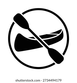 Um ícone gráfico preto e branco com uma canoa e um remo cruzados um sobre o outro dentro de um círculo, simbolizando atividades aquáticas e aventura.