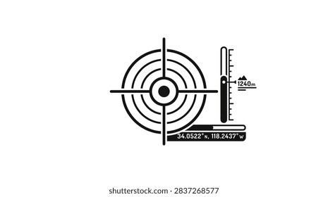 A black and white graphic icon featuring a circular target reticle with a vertical altitude scale and horizontal coordinate display