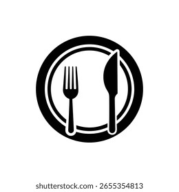 Um ícone gráfico preto e branco que representa uma chapa com um garfo e uma faca, isolado em um fundo branco.