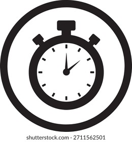 Ícone gráfico em preto-e-branco representando um cronômetro ou temporizador, delimitado por um círculo, simbolizando velocidade, medida de tempo e eficiência. Isolado em um fundo branco.
