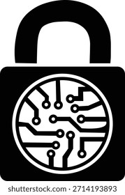 Schwarz-weißes grafisches Symbol, das die digitale Sicherheit darstellt, mit einer Vorhängeschloss-Form mit einem integrierten Leiterplattenmuster innerhalb des kreisförmigen Verriegelungsmechanismus. Einzeln auf weißem Hintergrund.