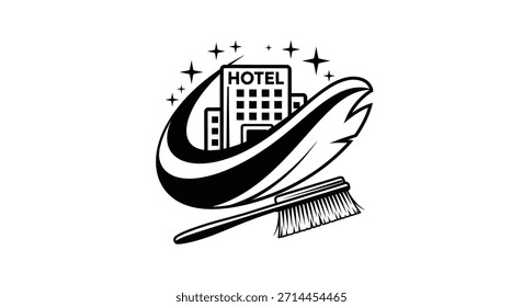 Um ícone gráfico preto e branco que representa os serviços de limpeza do hotel, com um edifício e uma escova de limpeza.