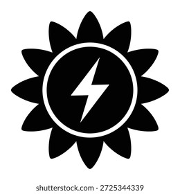 Un icono gráfico en blanco y negro que representa un girasol estilizado con un rayo en el centro, que simboliza la energía solar o la energía.