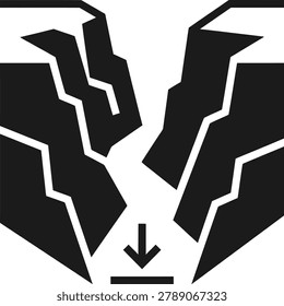 A black and white graphic icon representing a cracked ground surface with a deep crevice and a downward pointing arrow indicating a drop or collapse
