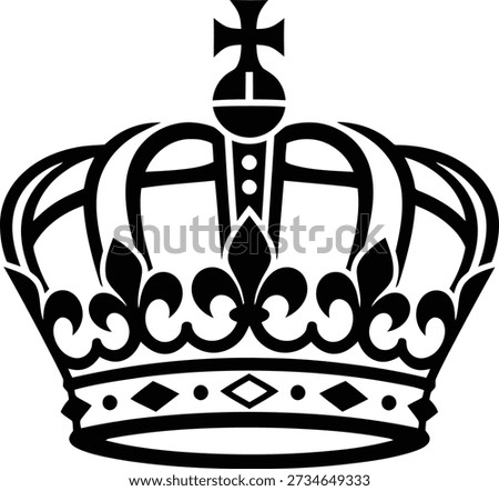 A black and white graphic icon of a royal crown. This vector illustration features a cross on top and ornate details, symbolizing monarchy, power, and nobility, isolated on a white background.