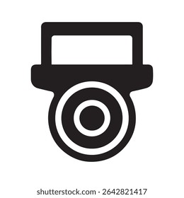 A black and white graphic icon of a security camera with circular lens and rectangular mount