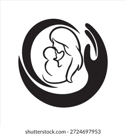 Schwarz-weißes grafisches Symbol, das die Liebe und den Schutz der Mutter symbolisiert, mit einer Mutter, die ein Baby in den Händen hält