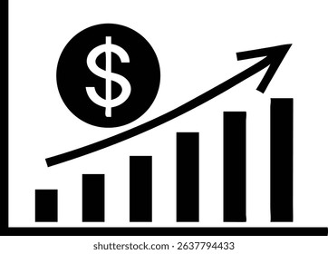 A black and white graphic illustrates a rising dollar value, shown by an upward trending line over bar chart columns with arrow indicating growth pattern.