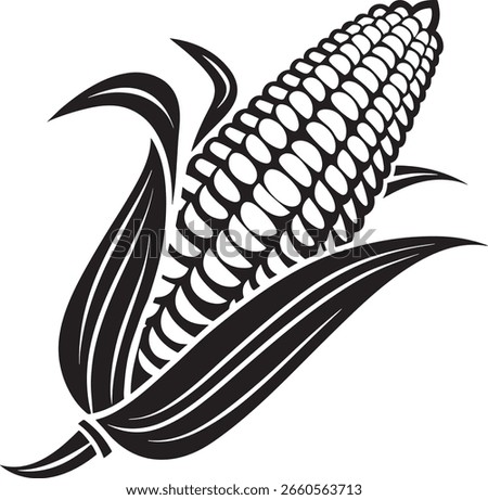 Black and white graphic illustration of a corn cob with leaves maize grain