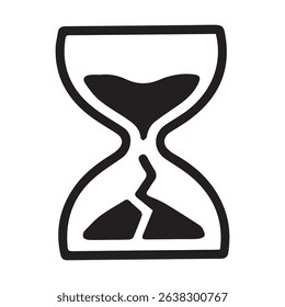 A black and white graphic illustration of a cracked hourglass, symbolizing time running out, deadline pressure, and the urgency of a task.