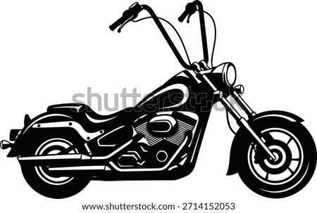 A black and white graphic illustration of a custom cruiser motorcycle. The image features detailed outlines of the engine, wheels, handlebars, and body.